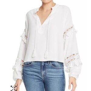 White Ruffled Long Sleeve Blouse with Mandarin Collar